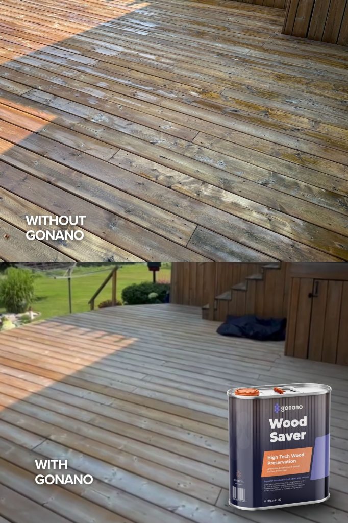 Before and After Wood Rejuvenation on a Deck with Treatment Product